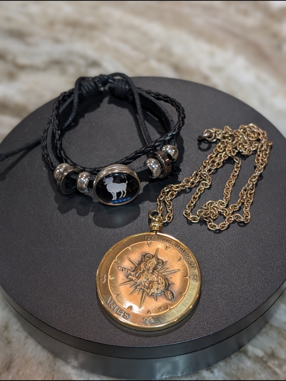 Zodiac Aries Gold Necklace with Black Leather Bracelet